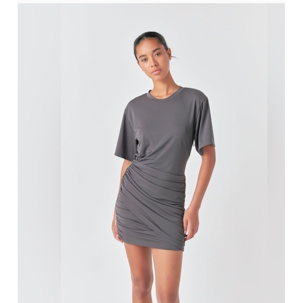 Grey Lab Ruched Mini Dress Women Size M Grey New Short Sleeve Crew Neck Side Zip